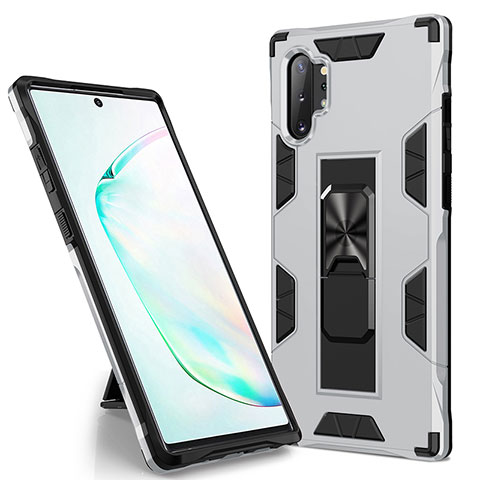 Funda Bumper Silicona y Plastico Mate Carcasa con Magnetico Soporte MQ1 para Samsung Galaxy Note 10 Plus 5G Plata