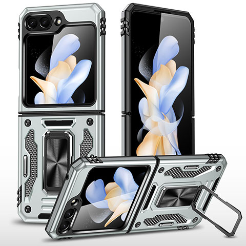 Funda Bumper Silicona y Plastico Mate Carcasa con Magnetico Soporte MQ1 para Samsung Galaxy Z Flip5 5G Plata