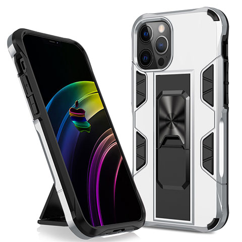 Funda Bumper Silicona y Plastico Mate Carcasa con Magnetico Soporte para Apple iPhone 12 Pro Max Plata