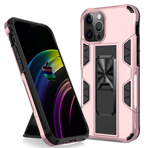 Funda Bumper Silicona y Plastico Mate Carcasa con Magnetico Soporte para Apple iPhone 12 Pro Oro Rosa