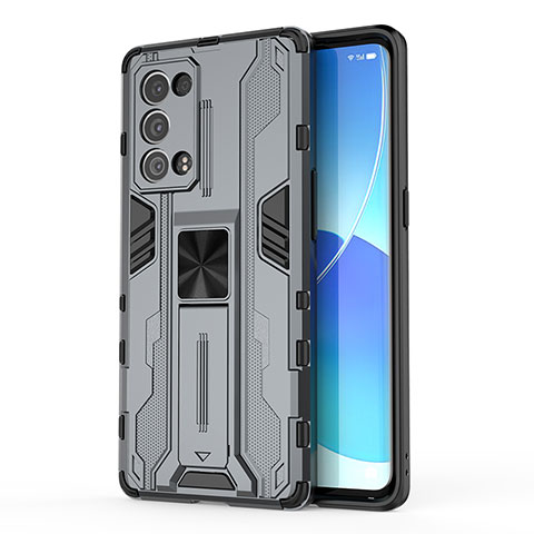 Funda Bumper Silicona y Plastico Mate Carcasa con Magnetico Soporte para Oppo Reno6 Pro 5G Gris