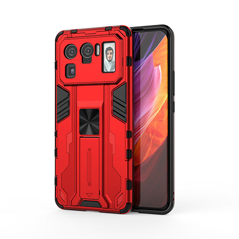 Funda Bumper Silicona y Plastico Mate Carcasa con Magnetico Soporte para Xiaomi Mi 11 Ultra 5G Rojo