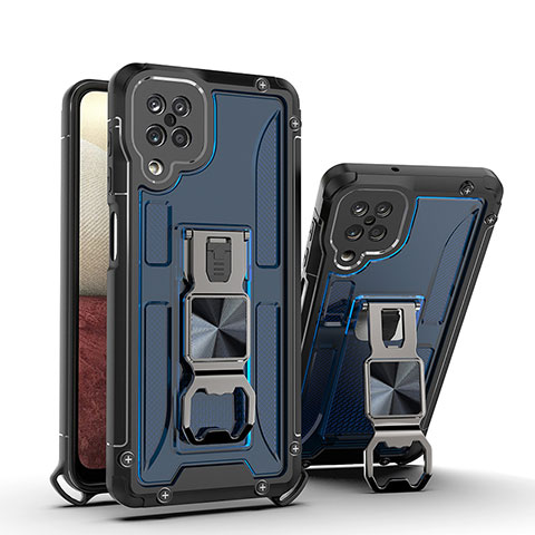 Funda Bumper Silicona y Plastico Mate Carcasa con Magnetico Soporte Q01W para Samsung Galaxy A12 Nacho Azul