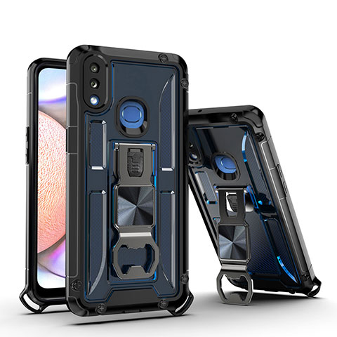 Funda Bumper Silicona y Plastico Mate Carcasa con Magnetico Soporte Q01W para Samsung Galaxy M01s Azul