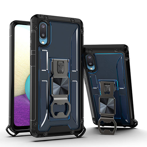 Funda Bumper Silicona y Plastico Mate Carcasa con Magnetico Soporte QW1 para Samsung Galaxy M02 Azul