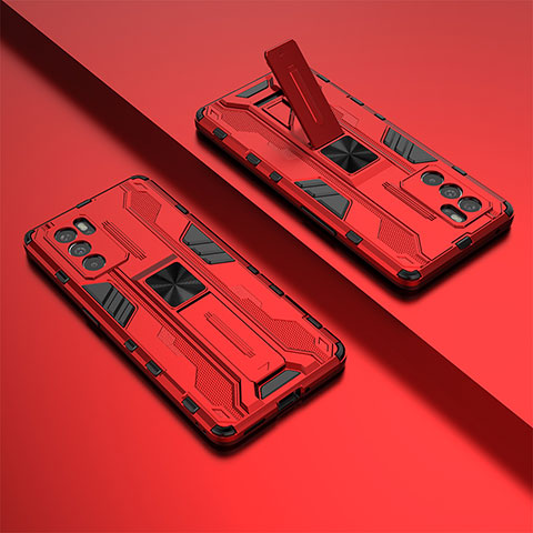 Funda Bumper Silicona y Plastico Mate Carcasa con Magnetico Soporte T01 para Oppo Reno6 Pro 5G India Rojo