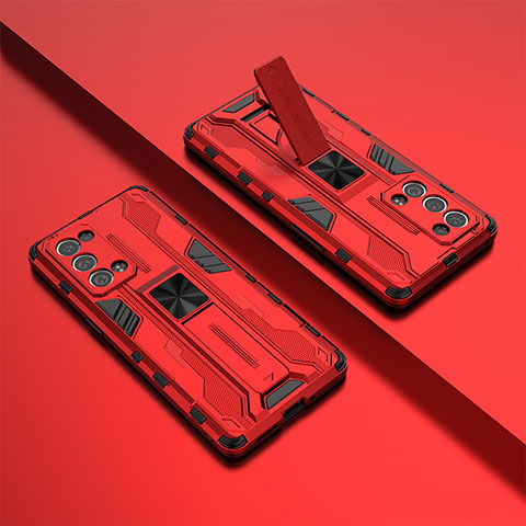 Funda Bumper Silicona y Plastico Mate Carcasa con Magnetico Soporte T01 para Oppo Reno6 Pro+ Plus 5G Rojo