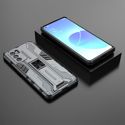 Funda Bumper Silicona y Plastico Mate Carcasa con Magnetico Soporte T02 para Oppo Reno6 Pro 5G India Gris