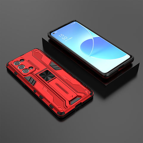 Funda Bumper Silicona y Plastico Mate Carcasa con Magnetico Soporte T02 para Oppo Reno6 Pro 5G Rojo