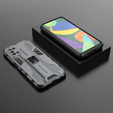 Funda Bumper Silicona y Plastico Mate Carcasa con Magnetico Soporte T02 para Samsung Galaxy F52 5G Gris