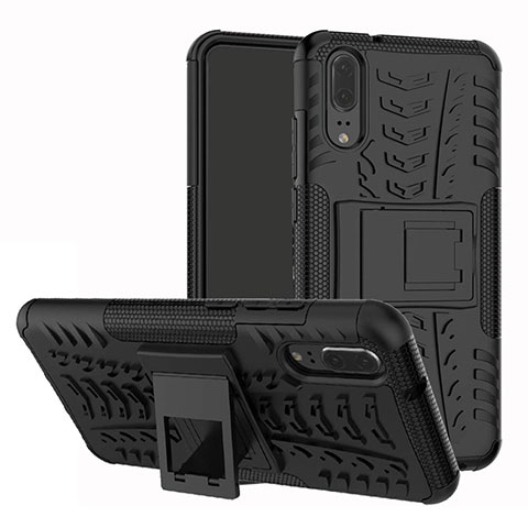 Funda Bumper Silicona y Plastico Mate Carcasa con Soporte A01 para Huawei P20 Negro