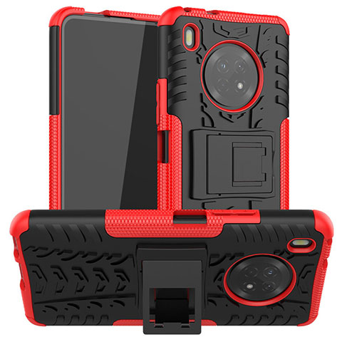 Funda Bumper Silicona y Plastico Mate Carcasa con Soporte A01 para Huawei Y9a Rojo