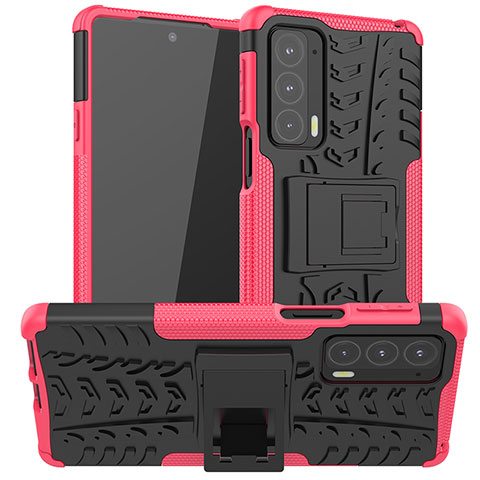 Funda Bumper Silicona y Plastico Mate Carcasa con Soporte A01 para Motorola Moto Edge 20 5G Rosa Roja