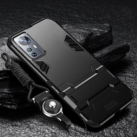 Funda Bumper Silicona y Plastico Mate Carcasa con Soporte A01 para Xiaomi Mi 12 5G Negro