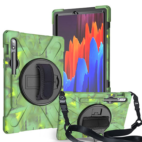 Funda Bumper Silicona y Plastico Mate Carcasa con Soporte A02 para Samsung Galaxy Tab S7 11 Wi-Fi SM-T870 Ejercito Verde