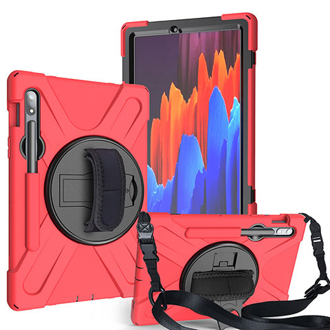 Funda Bumper Silicona y Plastico Mate Carcasa con Soporte A02 para Samsung Galaxy Tab S7 4G 11 SM-T875 Rojo