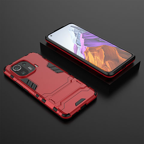 Funda Bumper Silicona y Plastico Mate Carcasa con Soporte A03 para Xiaomi Mi 11 Pro 5G Rojo