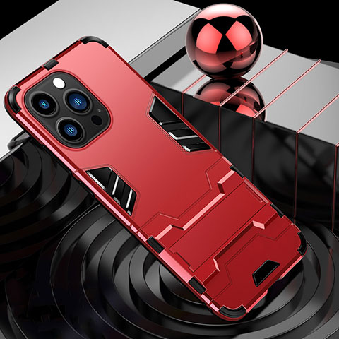 Funda Bumper Silicona y Plastico Mate Carcasa con Soporte A06 para Apple iPhone 13 Pro Max Rojo