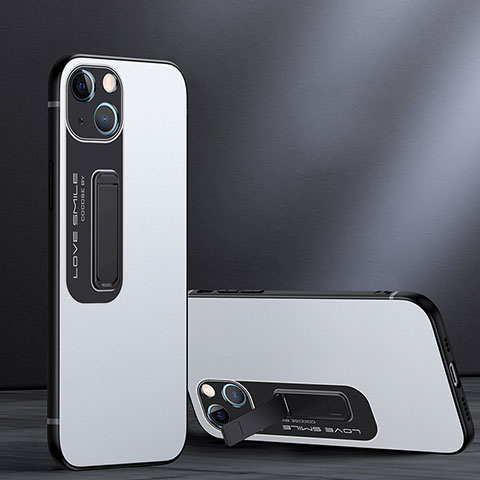 Funda Bumper Silicona y Plastico Mate Carcasa con Soporte A08 para Apple iPhone 13 Mini Blanco