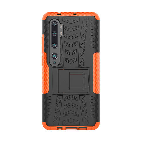 Funda Bumper Silicona y Plastico Mate Carcasa con Soporte D01 para Xiaomi Mi Note 10 Pro Naranja