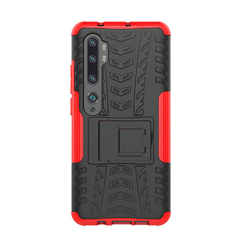 Funda Bumper Silicona y Plastico Mate Carcasa con Soporte D01 para Xiaomi Mi Note 10 Rojo