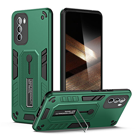Funda Bumper Silicona y Plastico Mate Carcasa con Soporte H01P para Motorola Moto G41 Verde