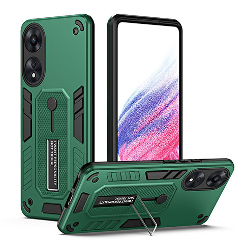 Funda Bumper Silicona y Plastico Mate Carcasa con Soporte H01P para Oppo A58 5G Verde