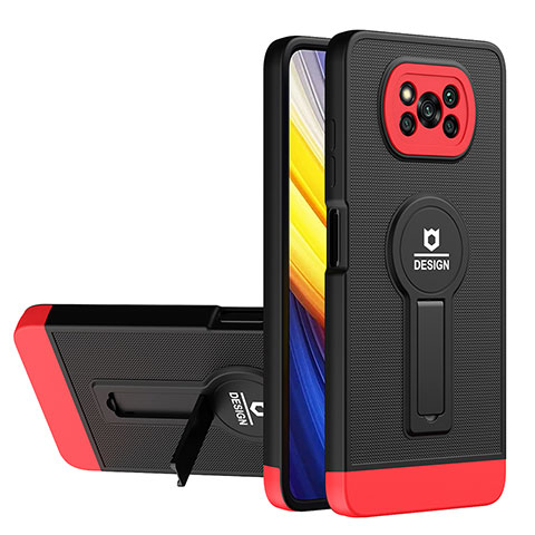 Funda Bumper Silicona y Plastico Mate Carcasa con Soporte H01P para Xiaomi Poco X3 Rojo y Negro