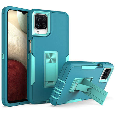 Funda Bumper Silicona y Plastico Mate Carcasa con Soporte J01S para Samsung Galaxy F12 Cian