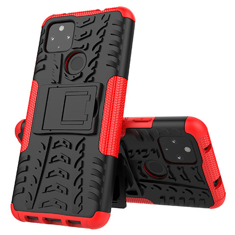 Funda Bumper Silicona y Plastico Mate Carcasa con Soporte JX1 para Google Pixel 5 XL 5G Rojo