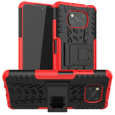 Funda Bumper Silicona y Plastico Mate Carcasa con Soporte JX1 para Xiaomi Poco X3 Rojo