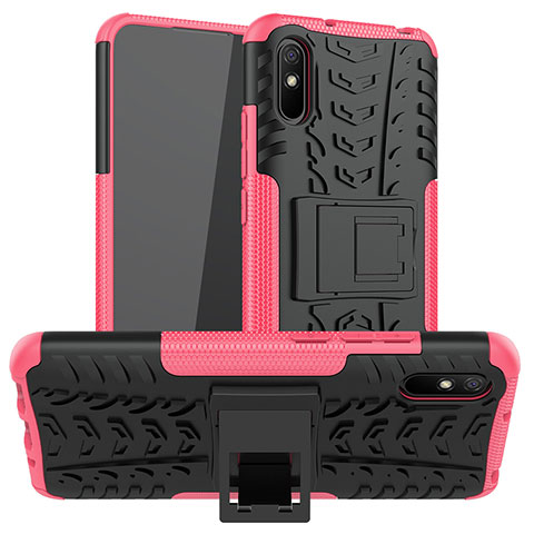 Funda Bumper Silicona y Plastico Mate Carcasa con Soporte JX1 para Xiaomi Redmi 9AT Rosa Roja