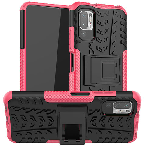 Funda Bumper Silicona y Plastico Mate Carcasa con Soporte JX1 para Xiaomi Redmi Note 10 5G Rosa Roja