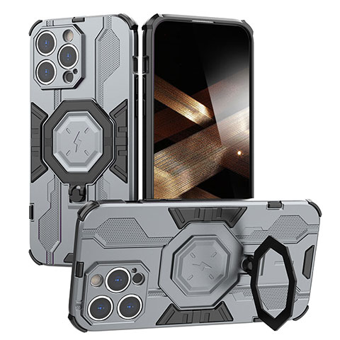 Funda Bumper Silicona y Plastico Mate Carcasa con Soporte K01C para Apple iPhone 14 Pro Max Gris