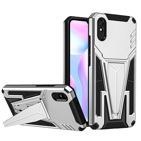 Funda Bumper Silicona y Plastico Mate Carcasa con Soporte MQ1 para Xiaomi Redmi 9AT Plata