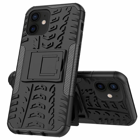 Funda Bumper Silicona y Plastico Mate Carcasa con Soporte para Apple iPhone 12 Mini Negro