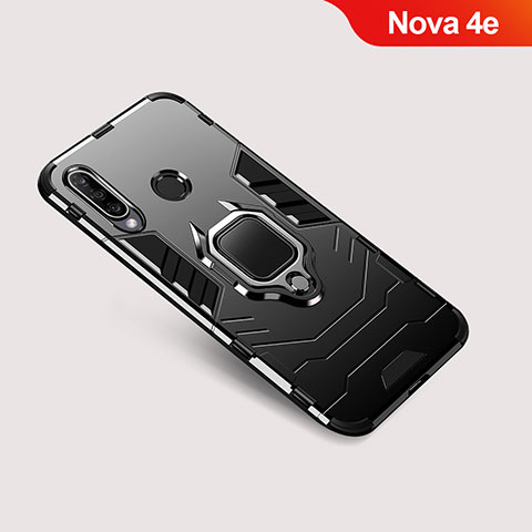 Funda Bumper Silicona y Plastico Mate Carcasa con Soporte para Huawei Nova 4e Negro