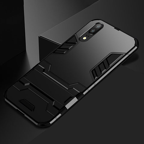 Funda Bumper Silicona y Plastico Mate Carcasa con Soporte para Huawei P20 Negro