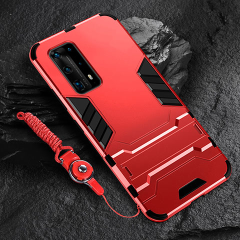 Funda Bumper Silicona y Plastico Mate Carcasa con Soporte para Huawei P40 Pro+ Plus Rojo