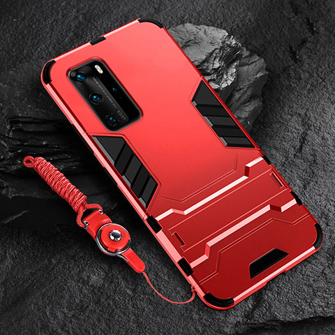 Funda Bumper Silicona y Plastico Mate Carcasa con Soporte para Huawei P40 Pro Rojo