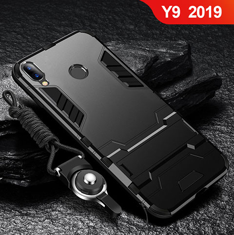 Funda Bumper Silicona y Plastico Mate Carcasa con Soporte para Huawei Y9 (2019) Negro