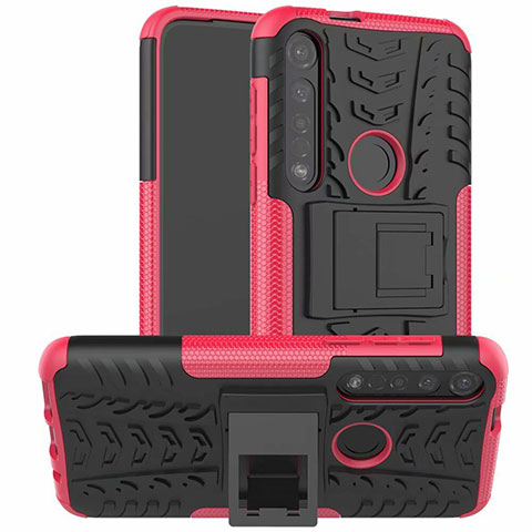 Funda Bumper Silicona y Plastico Mate Carcasa con Soporte para Motorola Moto G8 Plus Rosa Roja