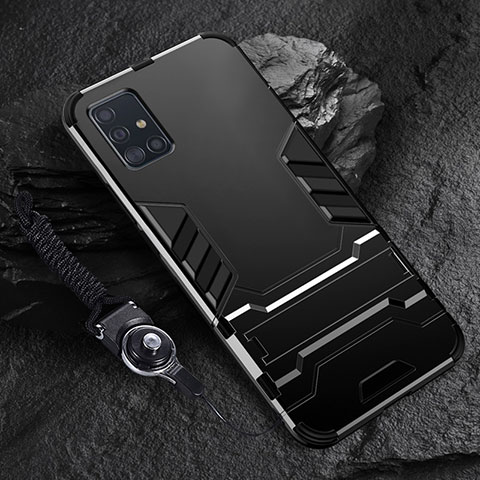 Funda Bumper Silicona y Plastico Mate Carcasa con Soporte para Samsung Galaxy A51 5G Negro