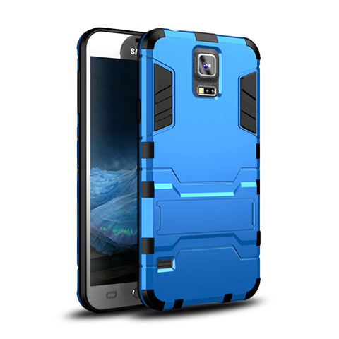 Funda Bumper Silicona y Plastico Mate Carcasa con Soporte para Samsung Galaxy S5 Duos Plus Azul