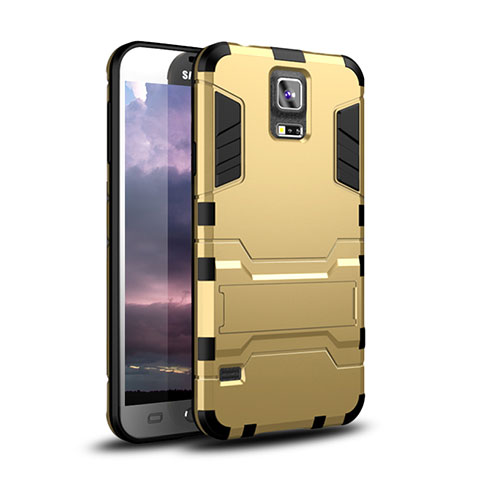 Funda Bumper Silicona y Plastico Mate Carcasa con Soporte para Samsung Galaxy S5 Duos Plus Oro