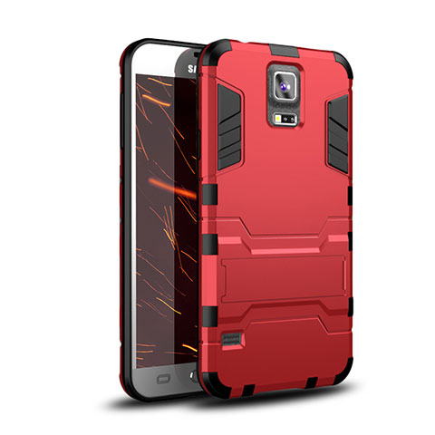 Funda Bumper Silicona y Plastico Mate Carcasa con Soporte para Samsung Galaxy S5 G900F G903F Rojo
