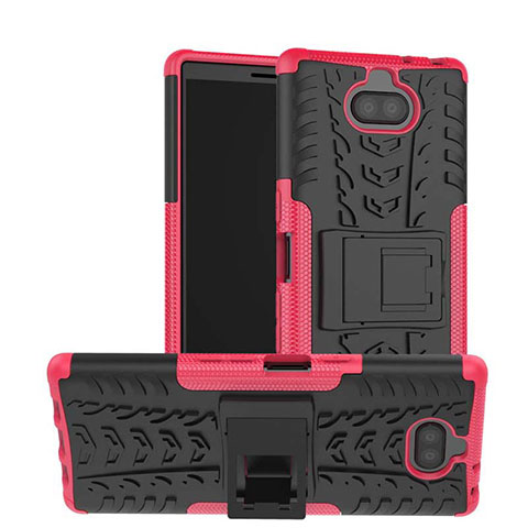 Funda Bumper Silicona y Plastico Mate Carcasa con Soporte para Sony Xperia 10 Plus Rosa Roja