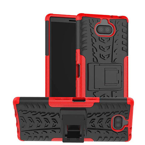 Funda Bumper Silicona y Plastico Mate Carcasa con Soporte para Sony Xperia 10 Rojo