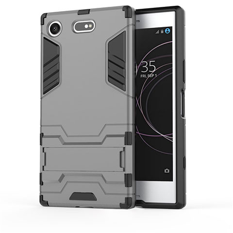 Funda Bumper Silicona y Plastico Mate Carcasa con Soporte para Sony Xperia XZ1 Compact Gris