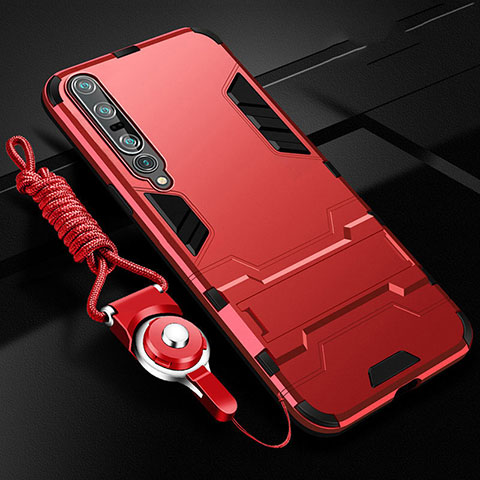 Funda Bumper Silicona y Plastico Mate Carcasa con Soporte para Xiaomi Mi 10 Pro Rojo